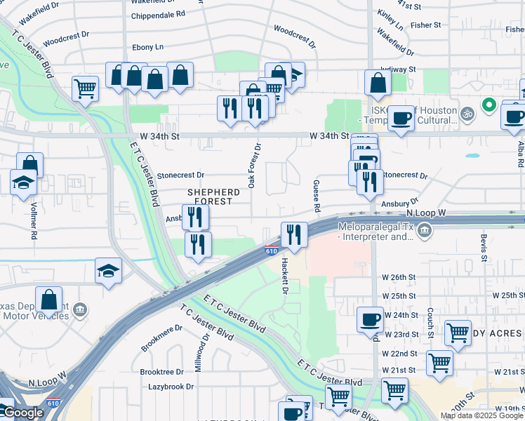 map of restaurants, bars, coffee shops, grocery stores, and more near 3014 Carlford Circle in Houston