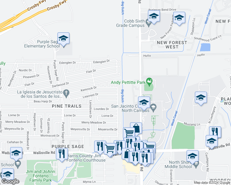 map of restaurants, bars, coffee shops, grocery stores, and more near 14651 Leacrest Drive in Houston