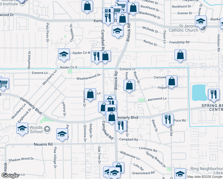 map of restaurants, bars, coffee shops, grocery stores, and more near 2300 Blalock Road in Houston