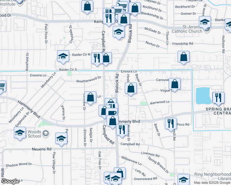 map of restaurants, bars, coffee shops, grocery stores, and more near 2300 Blalock Road in Houston