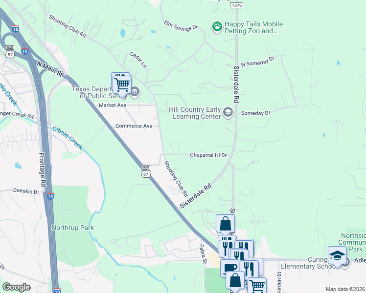 map of restaurants, bars, coffee shops, grocery stores, and more near 144 Magnolia Circle in Boerne
