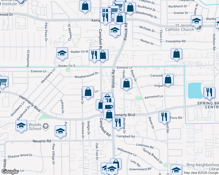 map of restaurants, bars, coffee shops, grocery stores, and more near 2300 Blalock Road in Houston