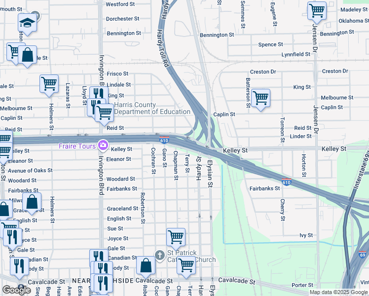 map of restaurants, bars, coffee shops, grocery stores, and more near 1413 North Loop East Freeway in Houston