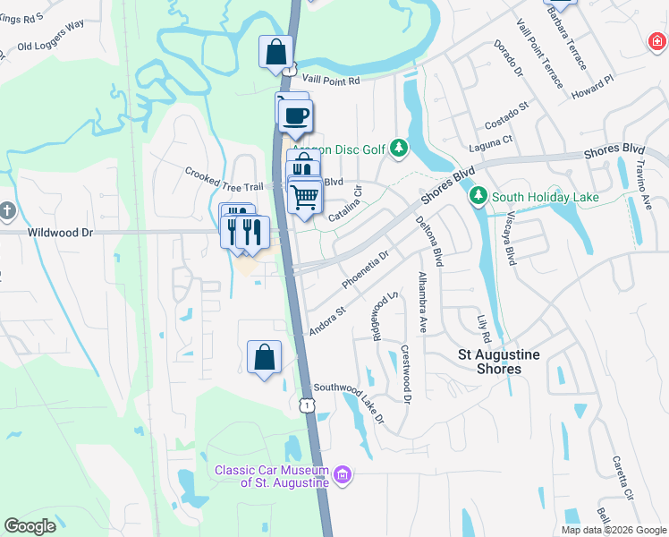 map of restaurants, bars, coffee shops, grocery stores, and more near 874 Palermo Road in St. Augustine