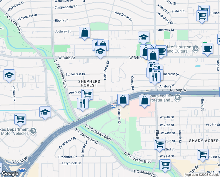 map of restaurants, bars, coffee shops, grocery stores, and more near 3014 Carlford Circle in Houston