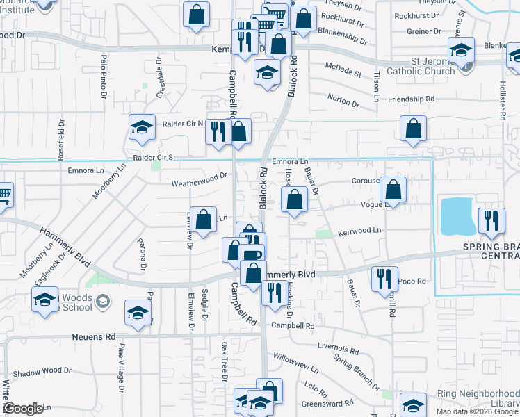 map of restaurants, bars, coffee shops, grocery stores, and more near 2300 Blalock Road in Houston