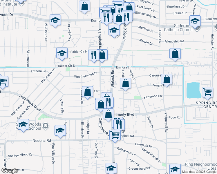 map of restaurants, bars, coffee shops, grocery stores, and more near 2300 Blalock Road in Houston