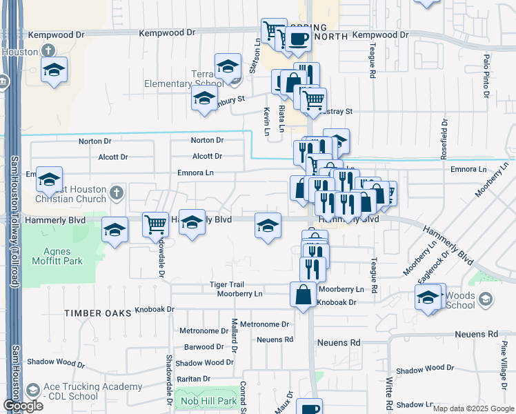 map of restaurants, bars, coffee shops, grocery stores, and more near 2256 Triway Lane in Houston