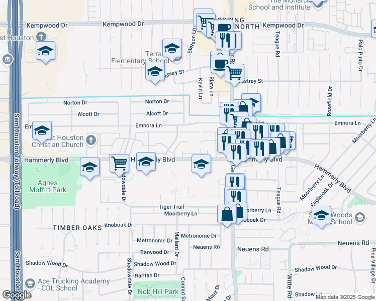 map of restaurants, bars, coffee shops, grocery stores, and more near 2256 Triway Lane in Houston