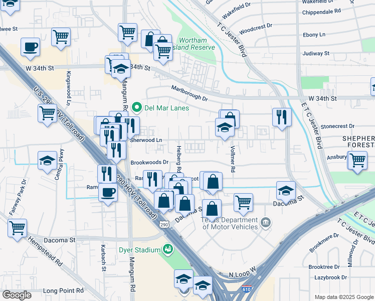 map of restaurants, bars, coffee shops, grocery stores, and more near 4211 Sherwood Lane in Houston