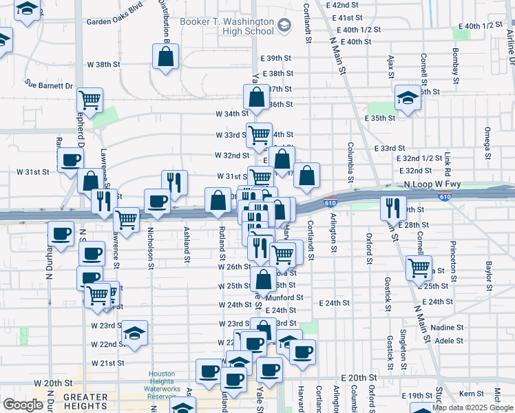 map of restaurants, bars, coffee shops, grocery stores, and more near 101 North Loop West in Houston