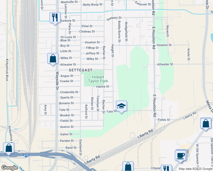 map of restaurants, bars, coffee shops, grocery stores, and more near 5726 Bacher Street in Houston