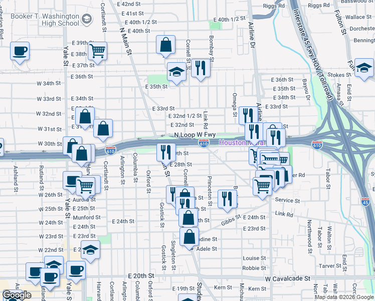 map of restaurants, bars, coffee shops, grocery stores, and more near 2904 Cornell Street in Houston