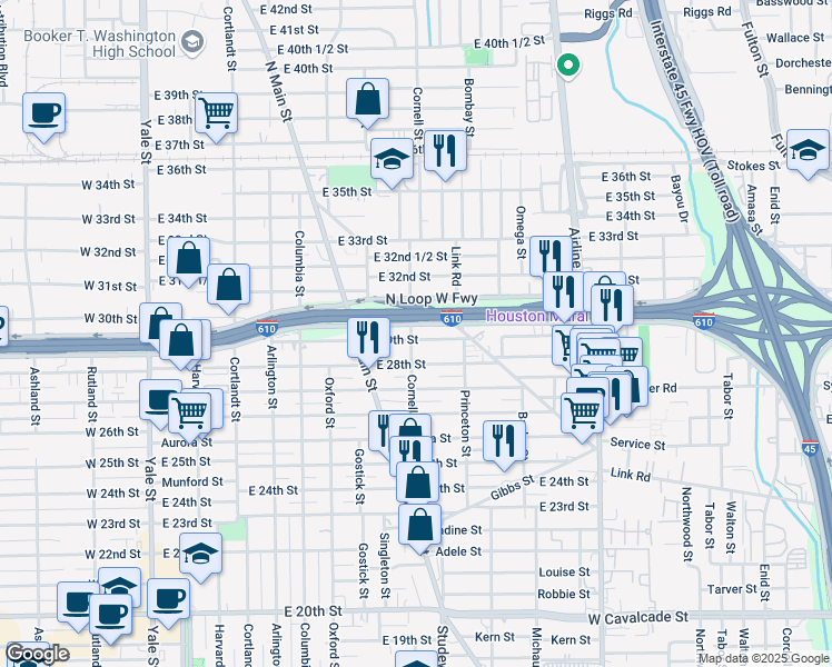 map of restaurants, bars, coffee shops, grocery stores, and more near 734 North Loop in Houston