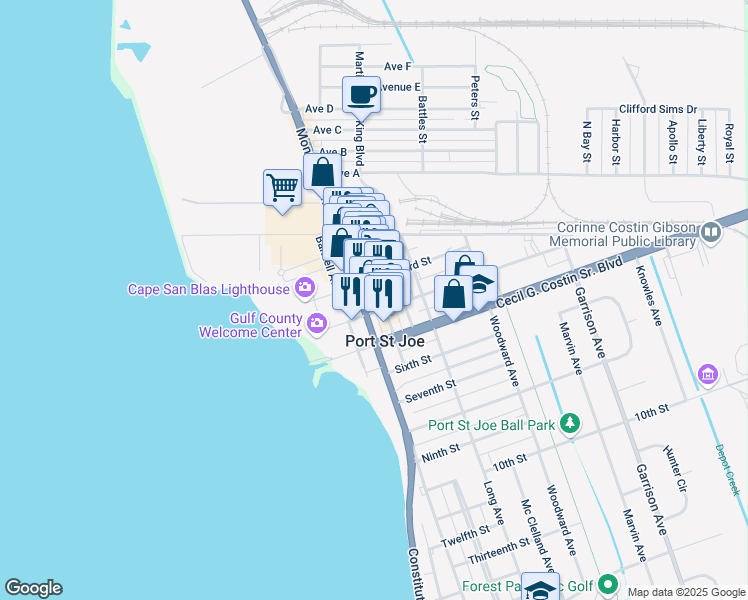 map of restaurants, bars, coffee shops, grocery stores, and more near 314 Reid Avenue in Port St. Joe