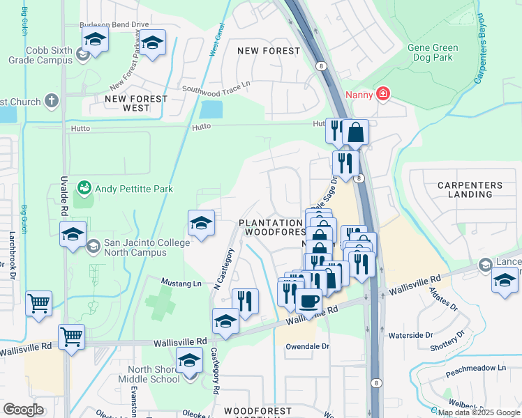 map of restaurants, bars, coffee shops, grocery stores, and more near 607 Field Run Court in Houston