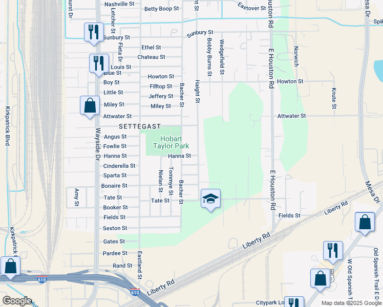map of restaurants, bars, coffee shops, grocery stores, and more near 5726 Bacher Street in Houston
