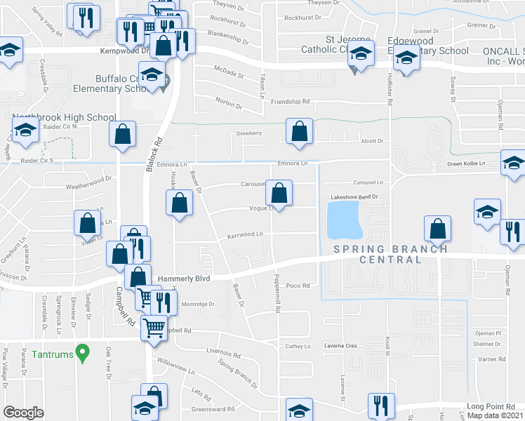 map of restaurants, bars, coffee shops, grocery stores, and more near 2227 Peppermill Road in Houston