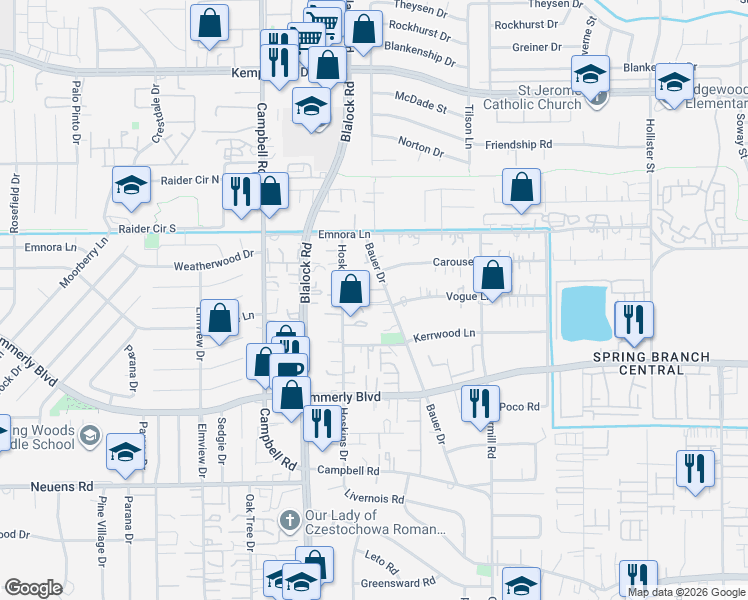 map of restaurants, bars, coffee shops, grocery stores, and more near 2305 Bauer Drive in Houston