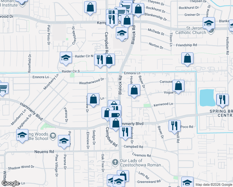 map of restaurants, bars, coffee shops, grocery stores, and more near 2300 Blalock Road in Houston