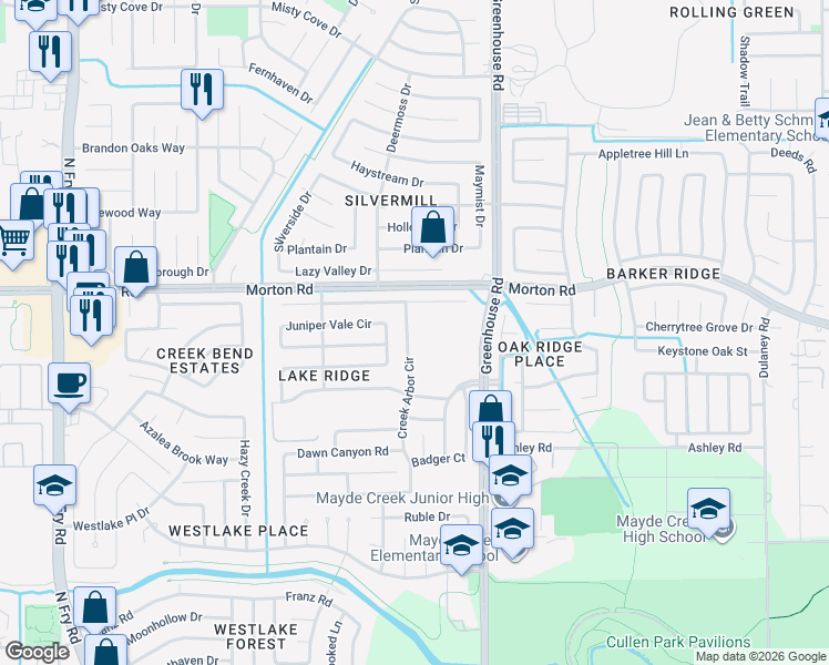 map of restaurants, bars, coffee shops, grocery stores, and more near 19207 Clevera Walk Lane in Houston