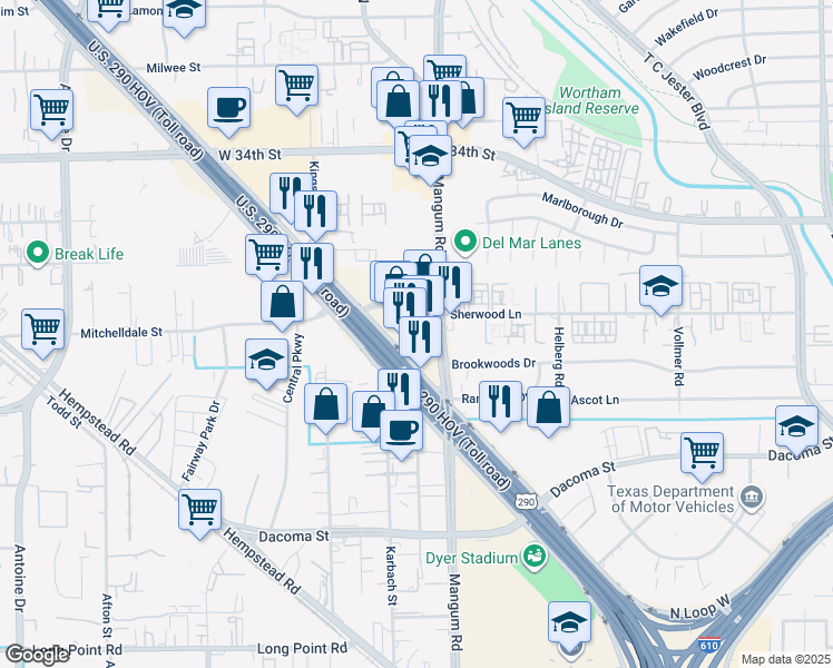 map of restaurants, bars, coffee shops, grocery stores, and more near 2855 Mangum Road in Houston