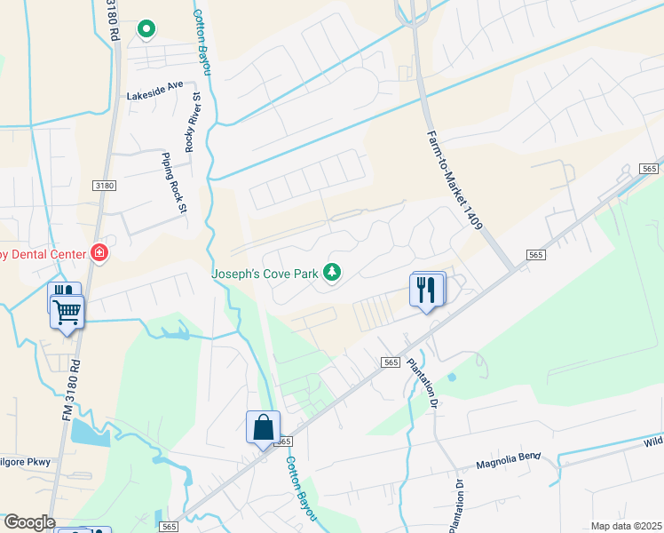 map of restaurants, bars, coffee shops, grocery stores, and more near 5702 Rainbow Road in Baytown