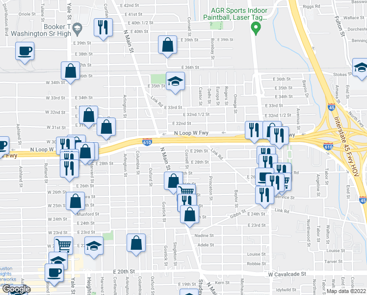 map of restaurants, bars, coffee shops, grocery stores, and more near 734 North Loop in Houston
