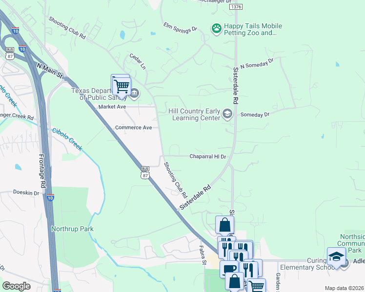 map of restaurants, bars, coffee shops, grocery stores, and more near 144 Magnolia Circle in Boerne