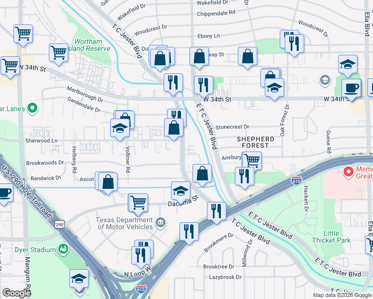 map of restaurants, bars, coffee shops, grocery stores, and more near 2802 West T C Jester Boulevard in Houston