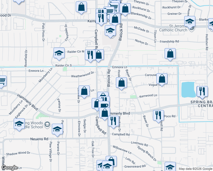map of restaurants, bars, coffee shops, grocery stores, and more near 2300 Blalock Road in Houston