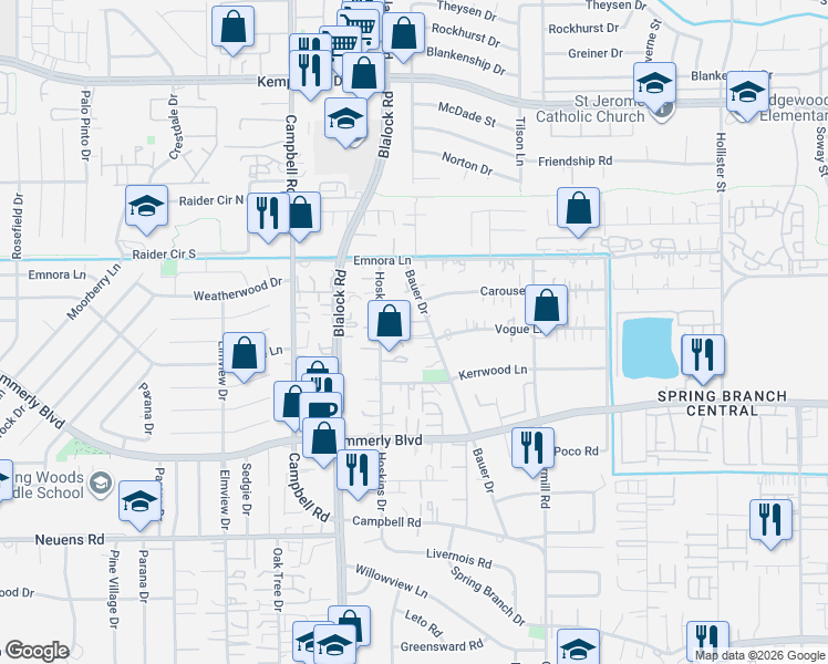 map of restaurants, bars, coffee shops, grocery stores, and more near 2305 Bauer Drive in Houston