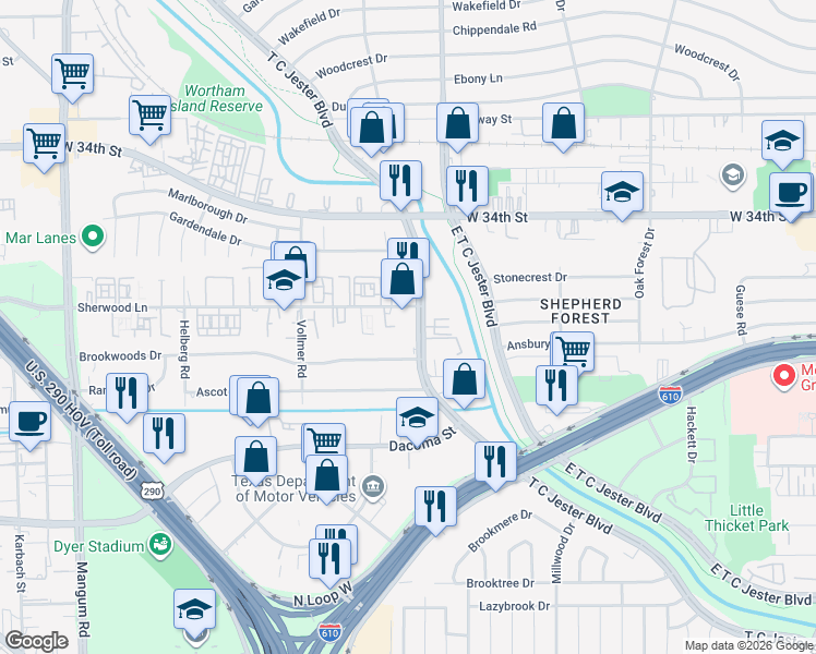 map of restaurants, bars, coffee shops, grocery stores, and more near 2815 West T C Jester Boulevard in Houston