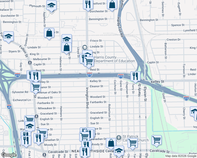 map of restaurants, bars, coffee shops, grocery stores, and more near 906 North Loop East Freeway in Houston