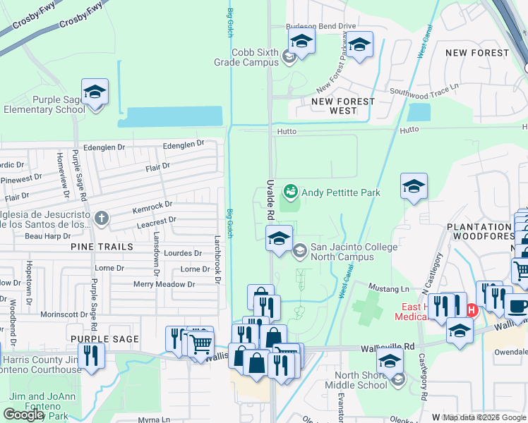map of restaurants, bars, coffee shops, grocery stores, and more near 385 Uvalde Road in Houston