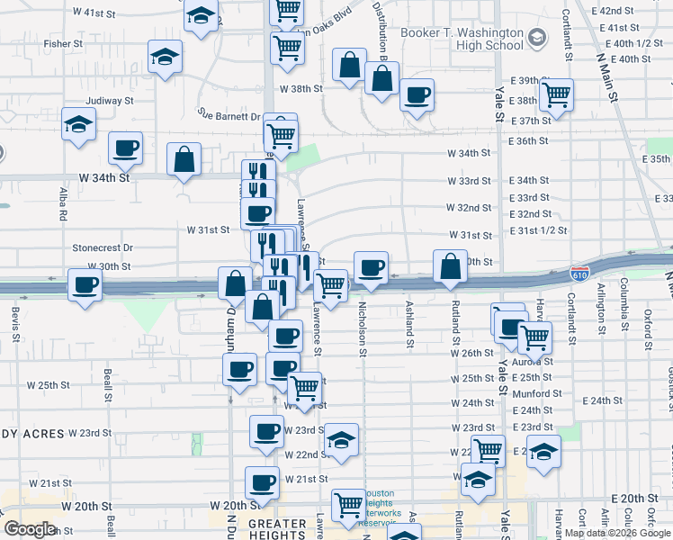 map of restaurants, bars, coffee shops, grocery stores, and more near 520 West 30th Street in Houston