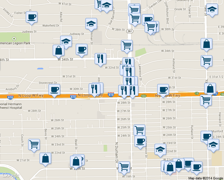 map of restaurants, bars, coffee shops, grocery stores, and more near 814 West 30th Street in Houston