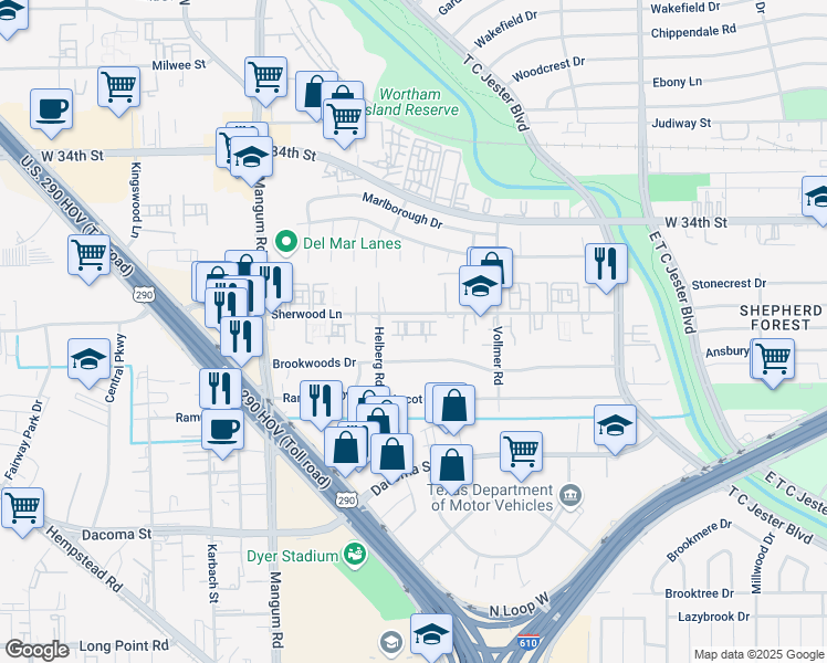 map of restaurants, bars, coffee shops, grocery stores, and more near 4211 Sherwood Lane in Houston