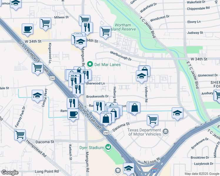 map of restaurants, bars, coffee shops, grocery stores, and more near 4401 Sherwood Lane in Houston