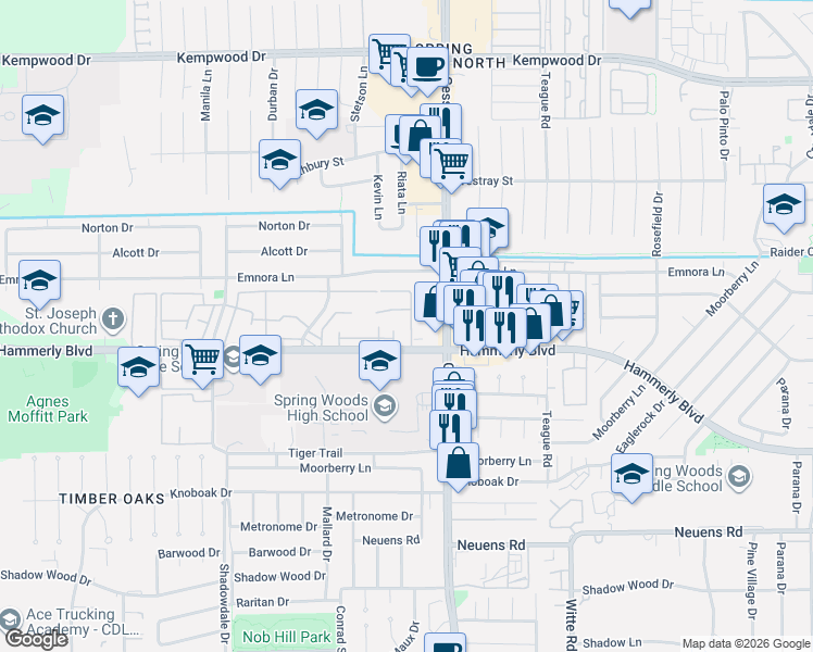 map of restaurants, bars, coffee shops, grocery stores, and more near 10314 Hammerly Boulevard in Houston