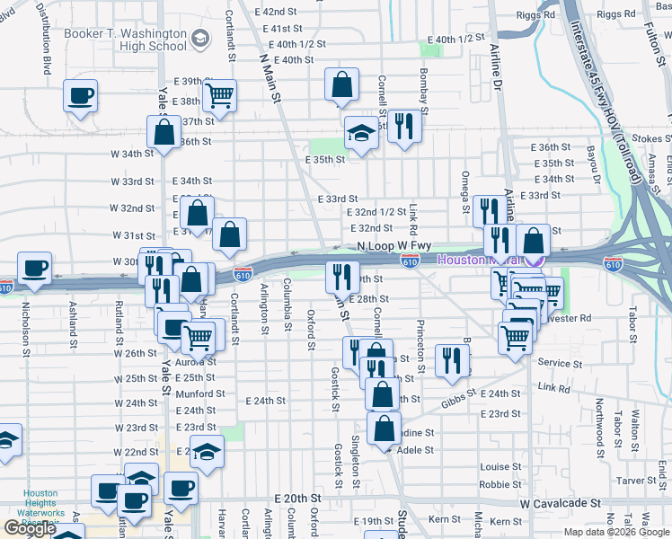 map of restaurants, bars, coffee shops, grocery stores, and more near 1347 North Loop West Freeway in Houston