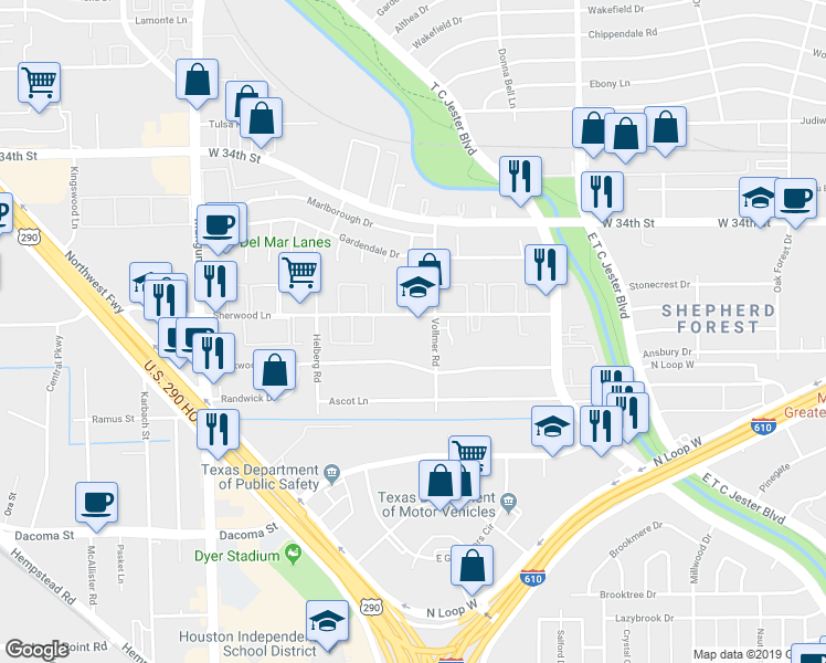 map of restaurants, bars, coffee shops, grocery stores, and more near 4011 Sherwood Lane in Houston