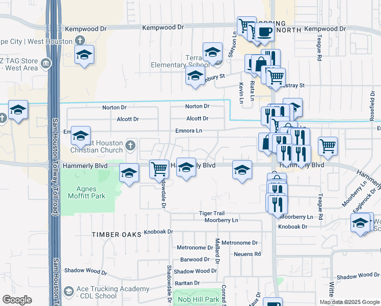 map of restaurants, bars, coffee shops, grocery stores, and more near 2243 Triway Lane in Houston