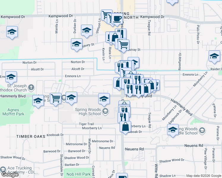 map of restaurants, bars, coffee shops, grocery stores, and more near 10314 Hammerly Boulevard in Houston