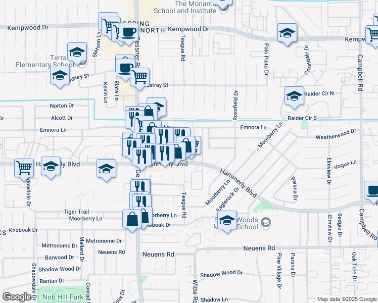map of restaurants, bars, coffee shops, grocery stores, and more near 212 Teague Road in Houston
