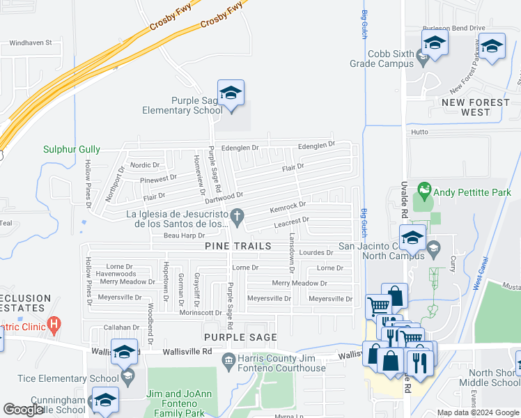 map of restaurants, bars, coffee shops, grocery stores, and more near 14443 Kemrock Drive in Houston