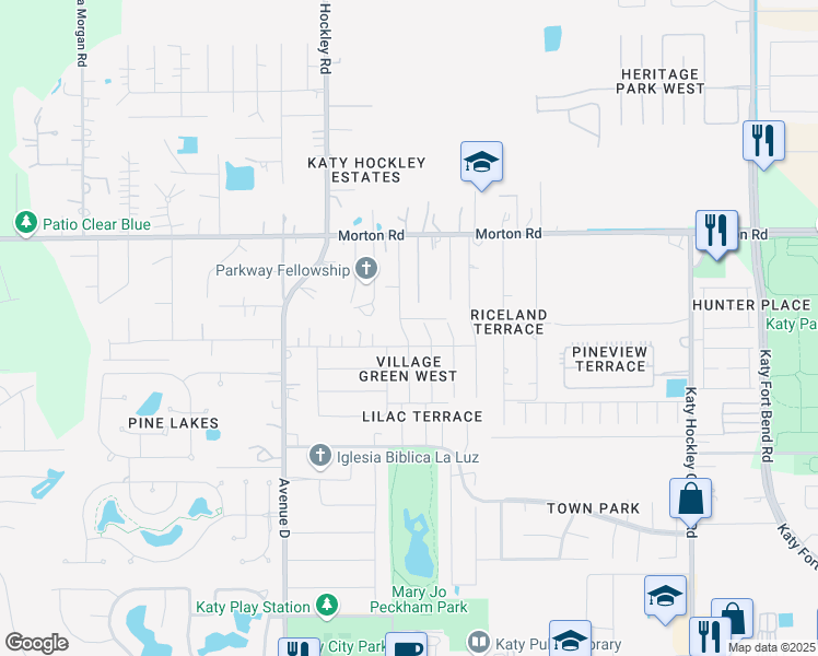 map of restaurants, bars, coffee shops, grocery stores, and more near 2726 Elder Road in Katy