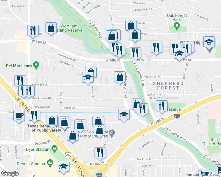 map of restaurants, bars, coffee shops, grocery stores, and more near 3815 Sherwood Lane in Houston