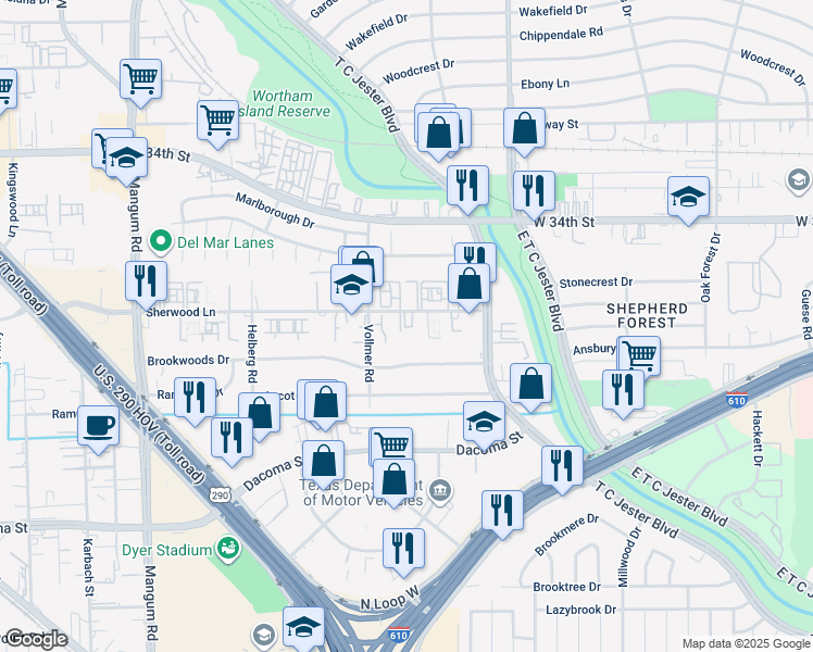 map of restaurants, bars, coffee shops, grocery stores, and more near 3815 Sherwood Lane in Houston