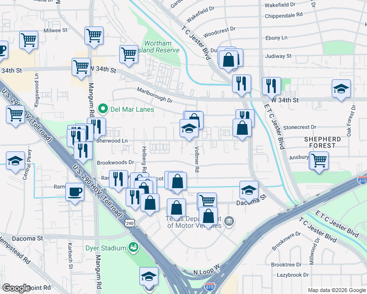 map of restaurants, bars, coffee shops, grocery stores, and more near 4011 Sherwood Lane in Houston